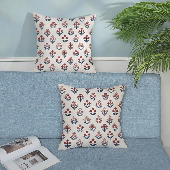 Red Blue Pillow Covers 16x16 Inch Set of 2 Patriotic 4th of July Throw Pillows Vintage Flower Boho Block Print Floral Decorative Pillow Cases Outdoor Linen Cushion Cover for Couch Sofa Decor
