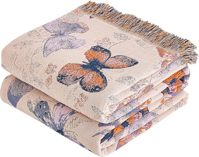 VANJOROY Boho Throw Blanket King, 100% Organic Cotton Breathable Ultra Soft 91" x 98" Bed Quilt Throw - All Season Floral Rustic Farmhouse Decor Luxury Reversible Blanket for Sofa Couch Chair and Gift