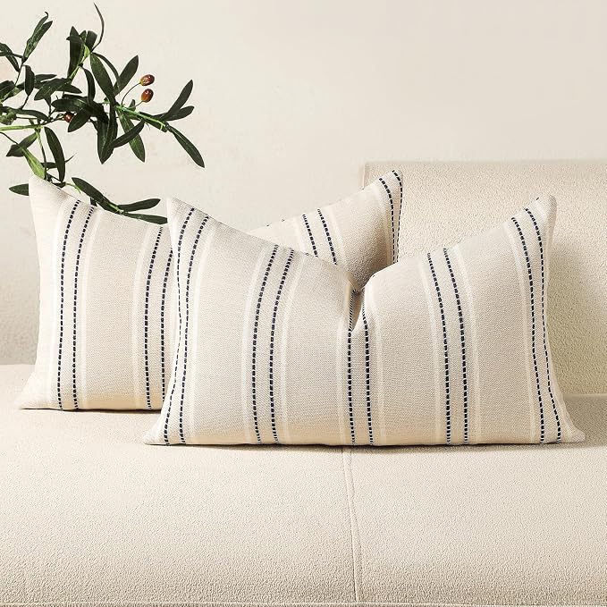 Hckot Throw Pillow Covers 12x20 Set of 2 Striped Pillow Covers Textured Linen Decorative Pillows Lumbar Cushion Covers for Sofa Couch Bed Living Room Farmhouse Decor, Navy