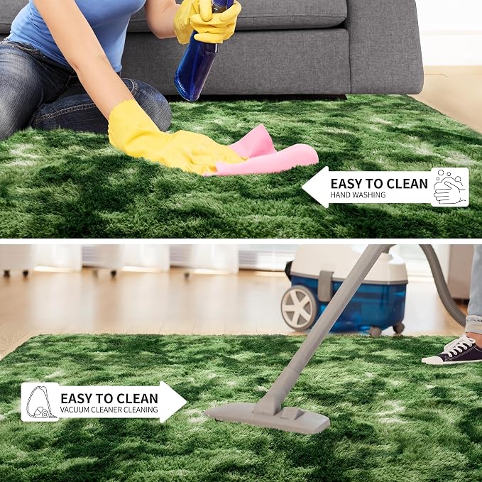 Tepook Fluffy Dark Green Rugs for Living Room Bedroom, 8x10 Soft Area Rug Tie-Dyed Forest Moss Green Kids Girls Boys Rug, Indoor Plush Shaggy Non-Slip Carpet for Nursery Classroom Dorm Home Decor