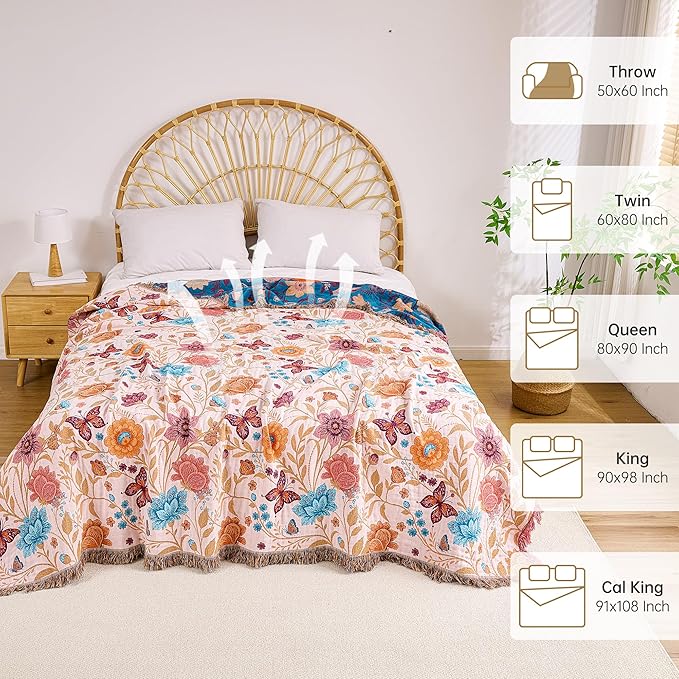 VANJOROY Boho Throw Blanket, 100% Organic Cotton Breathable Ultra Soft 60" x 80" Bed Quilt Throw - All Season Floral Rustic Farmhouse Decor Luxury Reversible Blanket for Sofa Couch Chair and Gift