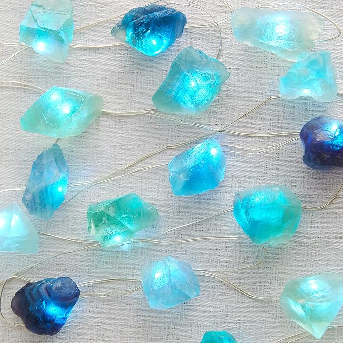 Natural Fluorite LED String Lights for Bedroom 6.5 FT USB/Battery Operated Blue Fairy Lights Sea Glass Crystal Decor Perfect Decorative Light for Bedroom Sea Glass Christmas Tree Kit