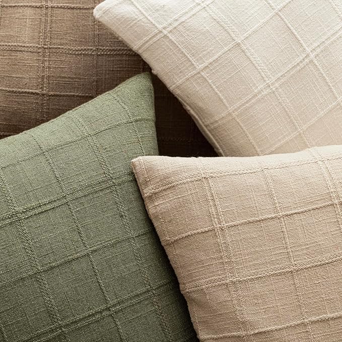 Foindtower Set of 2 Decorative Linen Check Throw Pillow Covers Neutral Farmhouse Vintage Cushion Covers Modern Boho Home Decor for Sofa Chair Couch Bedroom Living Room,26×26 Inch,Sage Green