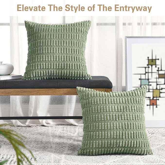 Volcanics Pack of 2 Sage Green Decorative Throw Pillow Covers 22x22 Inch | Soft Corduroy Striped Square Cushion Cases, Modern Farmhouse Boho Home Decor for Spring Couch Bed Sofa Living Room