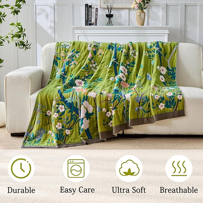 Boho Throw Blanket Farmhouse Decor Throw Blanket Bohemian Blanket for Bed 100% Cotton Muslin Woven Couch Blanket All Seasons Quilt Bedroom (I-Green, 50"x60")