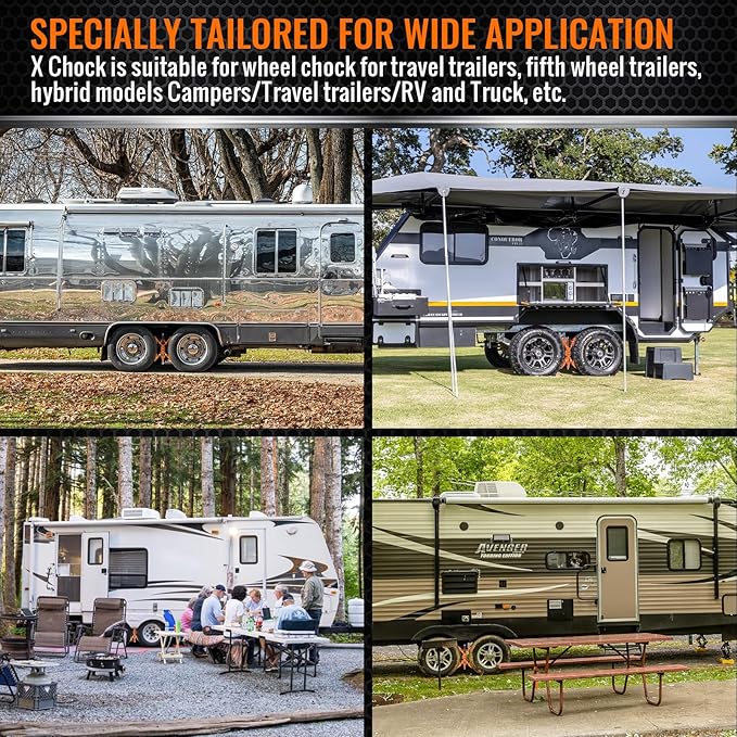 X-Shaped Wheel Chocks for Travel Trailer【Allow Drill Adjust】 RV Stabilizers X chocks Camper Wheel Chock for Travel Trailers RV Accessories Wrench Adjustable 3"-11.5" （2 PCS） Orange