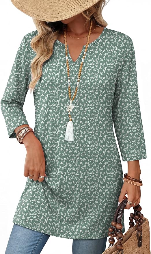 OFEEFAN Summer Boho Tops For Women 3/4 Length Sleeve Womens Tops Vacation Outfits