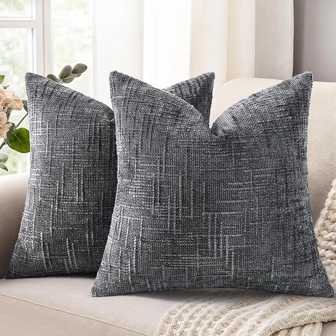 decorUhome Textured Chenille Throw Pillow Covers 26x26 Set of 2 Dark Grey | Fall Modern Farmhouse Soft Cozy Slubby Couch Pillow Cases Boho Decorative Pillow Cases for Bed Sofa Living Room Home Decor