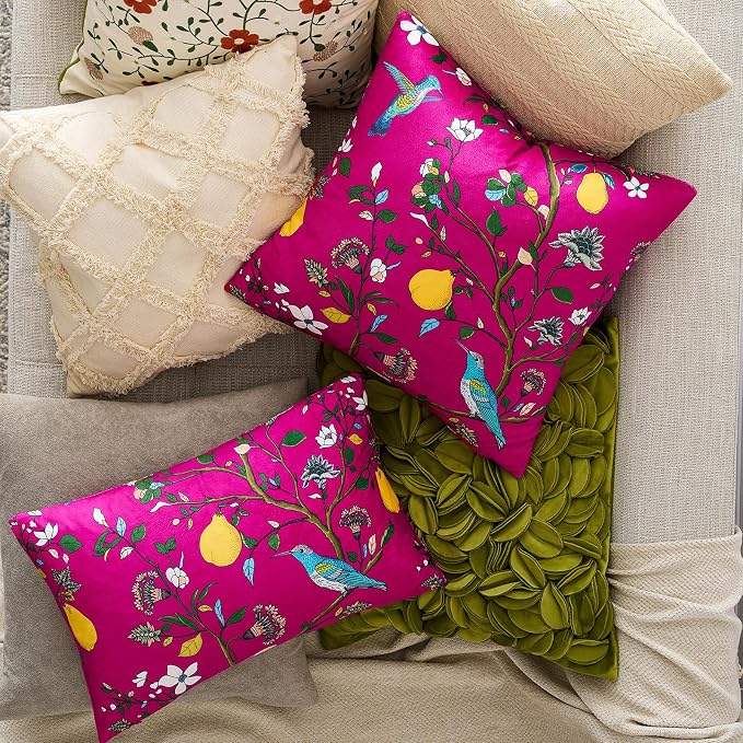 MUSSEL Hot Pink Velvet Floral Decorative 16x16 Pillow Covers Set of 2 | Soft Durable and Sturdy,Bird Plant,Throw Pillows Case,Square,Colorful Modern Cushion Covers,Home Sofa Bed Couch Decor