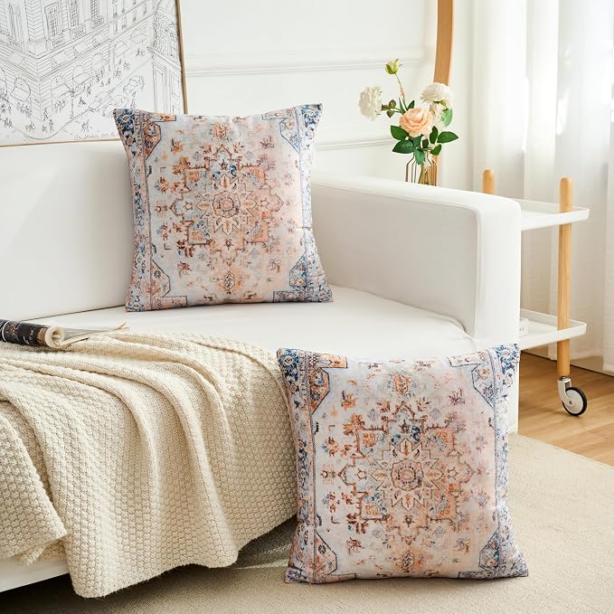 Boho Throw Pillow Covers 24x24 inch Set of 2,Boho Vintage Carpet Pattern Antique Ethnic Decor Double Sided Pattern Cushion Cover Soft Pillow Case Living Sofa Room Bed Square Pillow Cover