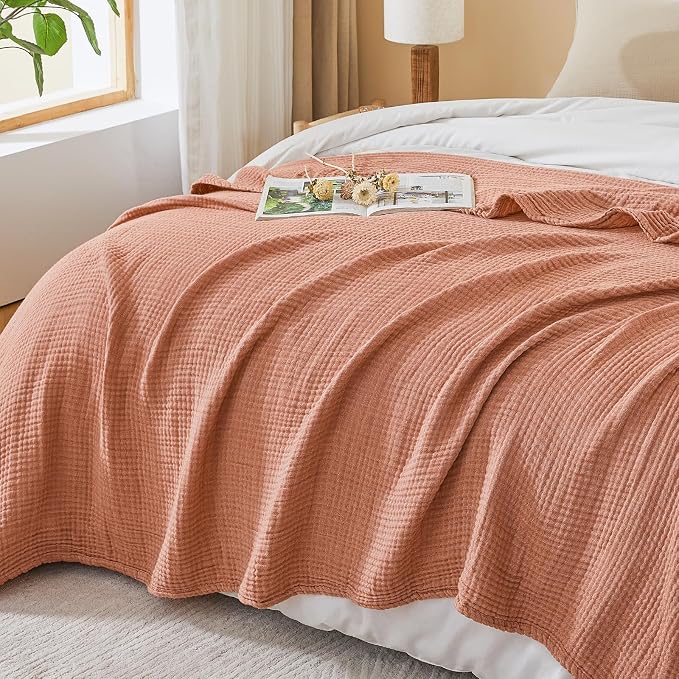 EMME Cotton Muslin Twin XL Blanket Breathable Gauze Blanket Soft Lightweight Blankets Adults Gifts for Women (Orange Red, 66"x90")