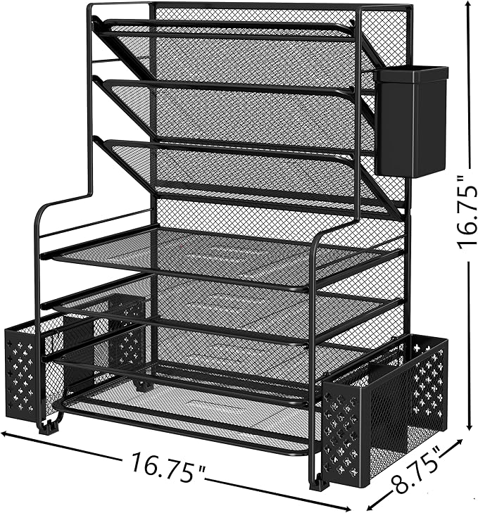 Simple Trending 7 Tier Desk File Organizer, Letter Tray Paper Organizer with Pen Holder and Metal Hanging Basket, Black