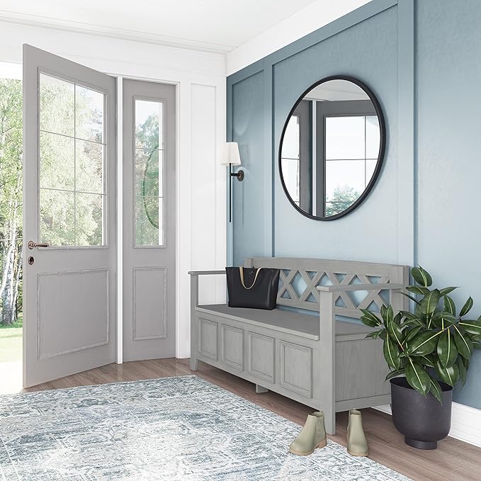 SIMPLIHOME Amherst Entryway Storage Bench - 48 inch Wide Solid Wood Hallway Seat in Fog Grey, Transitional Bench for Entryway or Living Room with Lift-Up Lid and Spacious Storage