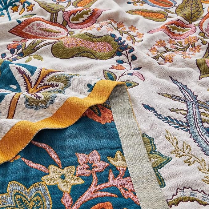 Boho Throw Blanket Farmhouse Decor Throw Blanket Bohemian Blanket for Bed 100% Cotton Muslin Woven Couch Blanket All Seasons Quilt Bedroom (J-Beige, 90"x98")