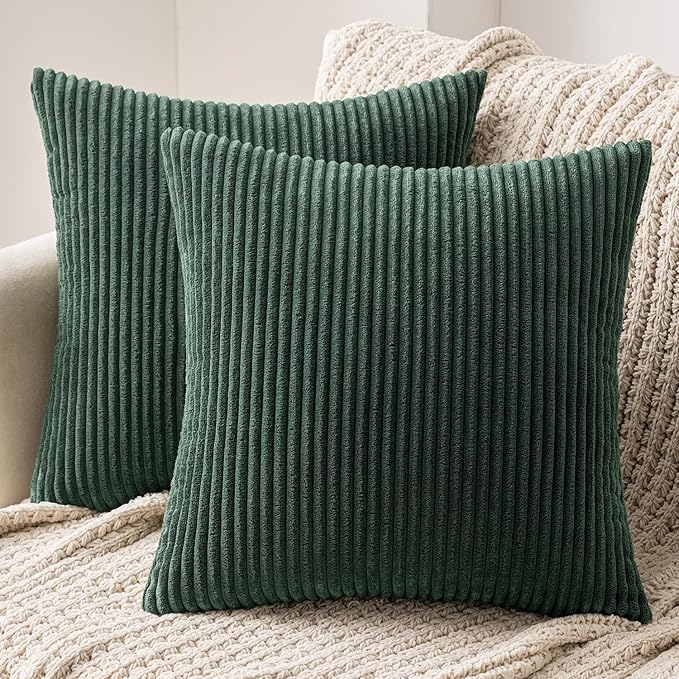 MIULEE Decorative Corduroy Throw Pillow Covers Set of 2 20x20 Army Green | Soft Striped Textured Cushion Cases, Boho Natural Greenery Pillowcases for Home Decor, for Couch Chair Sofa Bed Living Room