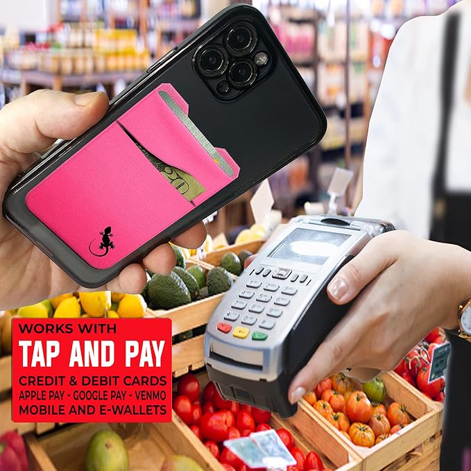 Gecko Travel Tech Double Pocket - Adhesive Card Holder - Cell Phone Pouch - Stick on Spandex Pocket - Carry Credit Cards and Cash (PINK BLACK)