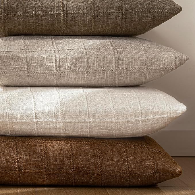 Foindtower Set of 2 Decorative Linen Check Throw Pillow Covers Neutral Farmhouse Lumbar Cushion Covers Modern Boho Home Decor for Sofa Chair Couch Bedroom Living Room,12×20 Inch,Natural Linen