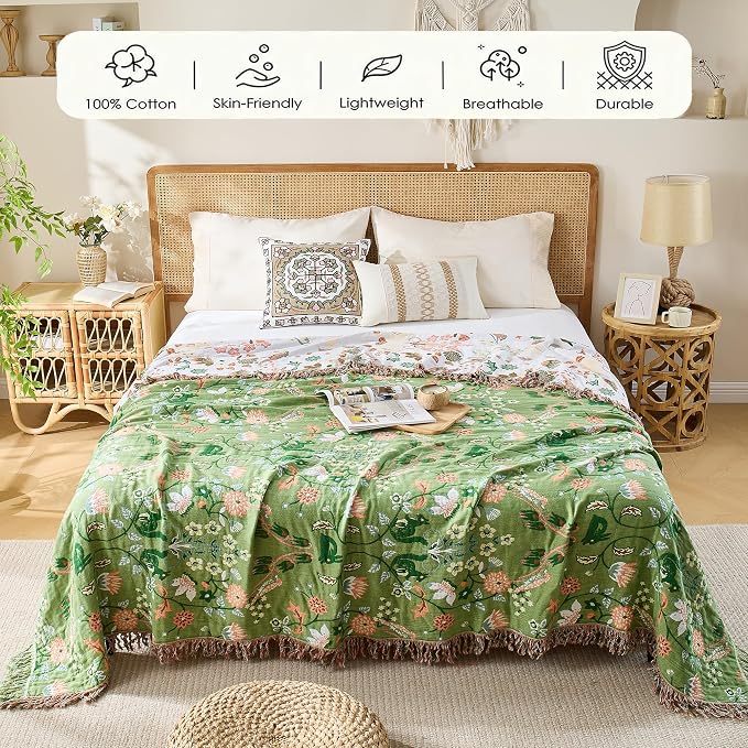 VANJOROY Boho Throw Blanket, 100% Organic Cotton Breathable Ultra Soft 91" x 108" King Bed Quilt Throw - All Season Floral Rustic Farmhouse Decor Luxury Blanket for Sofa Couch Chair and Gift