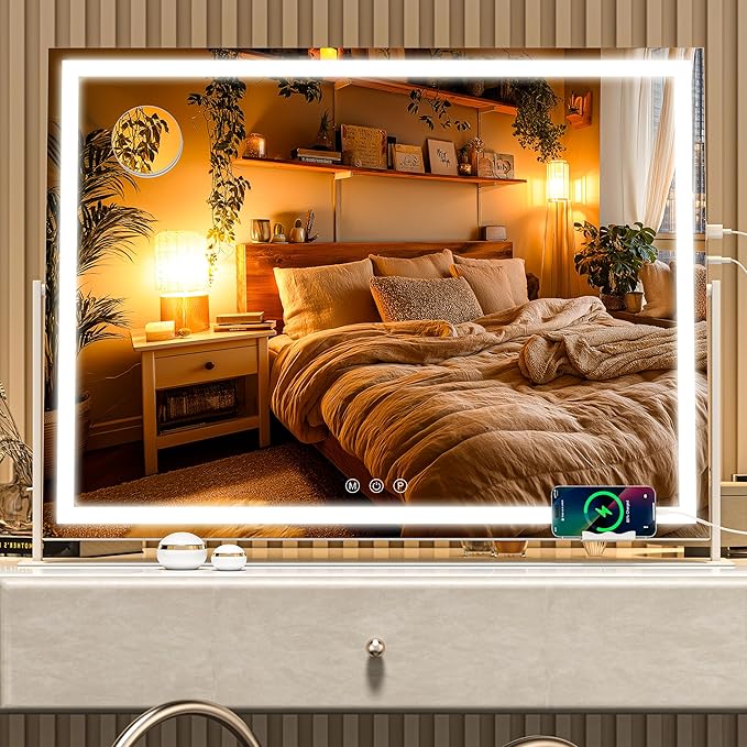Vanity Mirror with Lights, 30'' x 22'' Lighted Makeup Mirror, Touch Screen with 3-Color Lighting, Dimmable for Vanity Desk Tabletop Square White