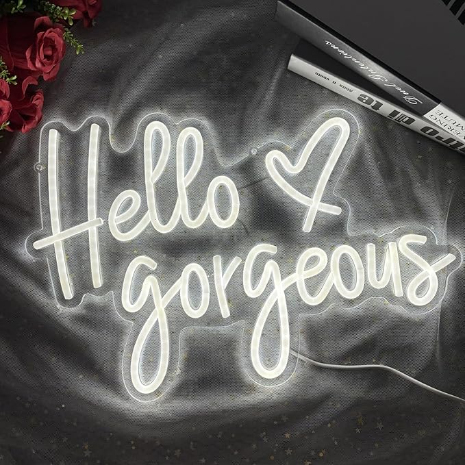 Hello Gorgeous Neon Sign,LED White Neon Hello Sign Decorative Art Lamp with Dimmable Switch Suitable for Home Wedding Birthday Backdrop Party,17x10In,Usb Powered(White Hello Gorgeous)