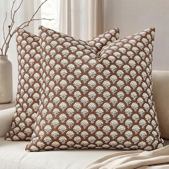 MIULEE Fall Floral Print Decorative Pillow Covers 18x18, Dark Brown | Vintage Boho Farmhouse Modern Home Decor, Set of 2, Block Print Cushion Covers for Couch Sofa Bed Living Room
