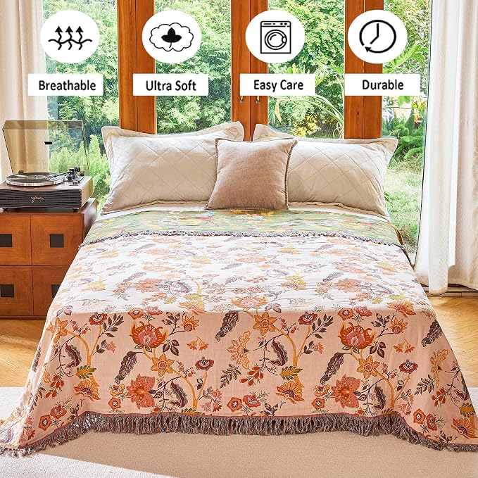 VANJOROY Boho Throw Blanket for Bed Couch 50" x 60", 100% Organic Cotton Skin-Friendly Ultra Soft Quilt Throw - Floral Rustic Living Room Decor Luxury Reversible Blanket for Sofa Chair and Gift