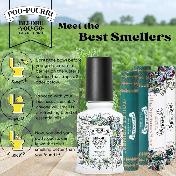 Poo-Pourri Before-You-Go Toilet Spray Vanilla Mint 2 Fl Oz & 10 ml Travel Sprays - Toilet Tidings and Oh, Spritzmas Tree