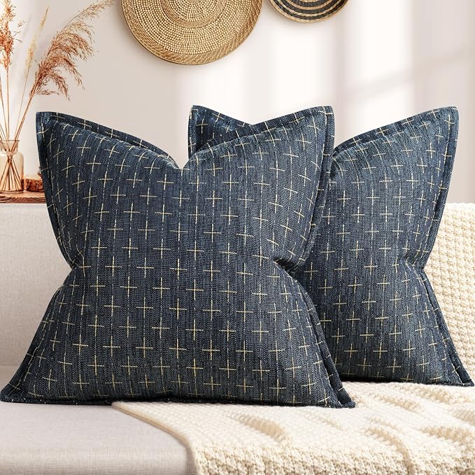 Pillow Covers 18x18 Set of 2 Soft Polyester Textured Pillow Covers with Stylish Flange Edge Cozy Farmhouse Throw Pillows for Couch Bed Sofa Living Room