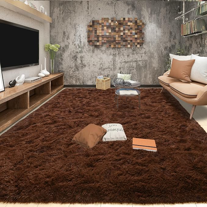Tepook 6x9 Brown Area Rugs for Living Room Bedroom, Soft Fluffy Plush Shaggy Girls Boys Kids Room Rug, Shag Upgrade Non-Slip Throw Carpet for Dorms Nursery Classroom Home Decor