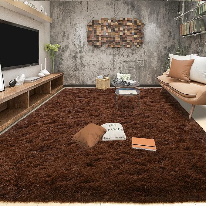 Tepook 4x6 Brown Area Rugs for Living Room Bedroom, Soft Fluffy Plush Shaggy Girls Boys Kids Room Rug, Shag Upgrade Non-Slip Throw Carpet for Dorms Nursery Classroom Home Decor