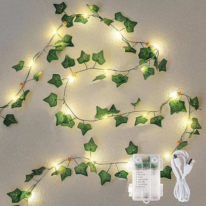 Vine Leaf with Fairy Lights, 23FT 73 LED Lighted Ivy Spring Garland Lights, Battery or USB Powered for Dorm Room, Bedroom & Creative Wall Decor, Warm White