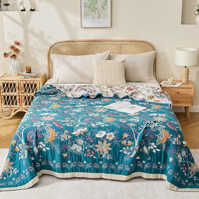 VANJOROY Boho Throw Blanket, 100% Organic Cotton Breathable Skin-Friendly Ultra Soft Bed Quilt Throw - All Season Floral Farmhouse Décor Luxury Blanket for Sofa Couch Chair and Gift. 80" x 90"