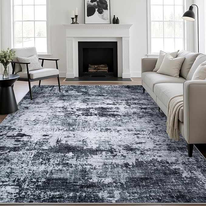8x10 Area Rug Living Room Rug: Washable Modern Abstract Soft Thin Rug Indoor Floor No Slip Stain Resistant Carpet for Bedroom Dining Room Farmhouse Nursery Home Office - Black