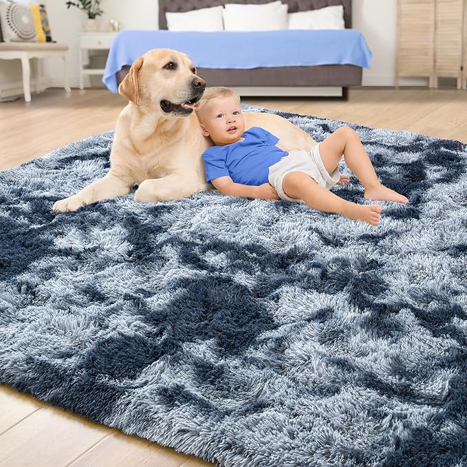 Tepook Fluffy Large Rugs for Living Room, Area Rug 6x9 Soft Carpet for Bedroom, Modern Shaggy Rug for Kids Boys Girls, Plush Indoor Nursery Home Decor Rug with Non-Slip Bottom, Tie-dye Dark Blue