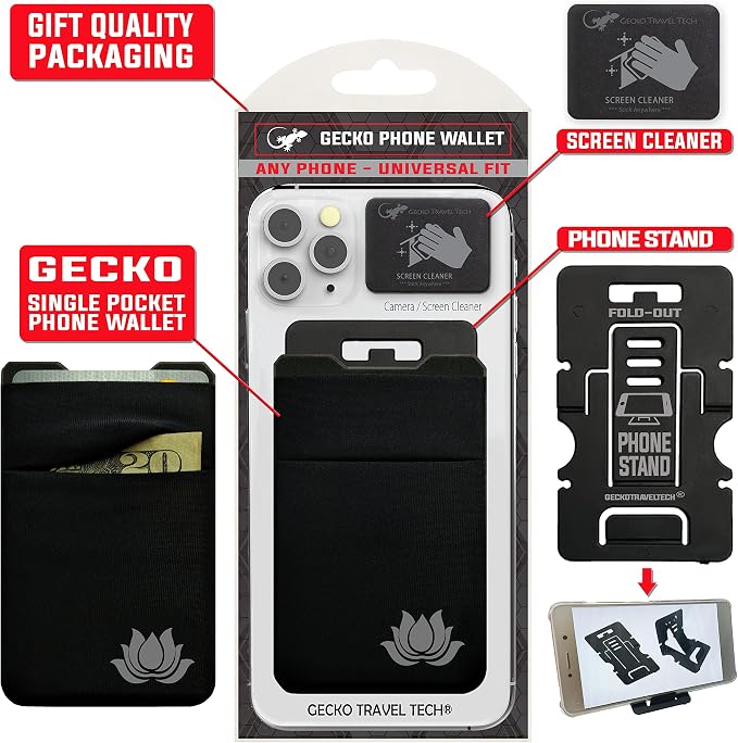 Gecko Travel Tech Double Pocket - Adhesive Card Holder - Cell Phone Pouch - Stick on Spandex Pocket - Carry Credit Cards and Cash (Lotus)