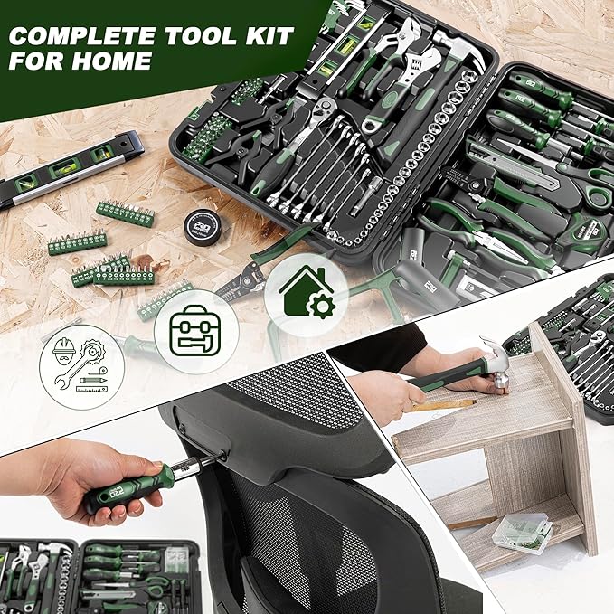 Prostormer 259-Piece Tool Kit, General Household Hand Tool Set with Plastic Storage Toolbox, Portable Complete Repair Tool Box for Home and Car (Green)