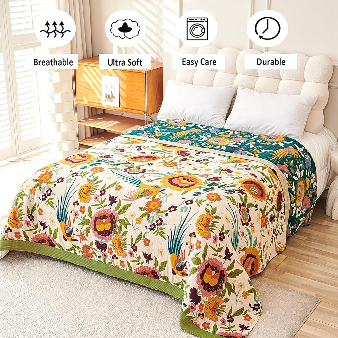 VANJOROY Boho Throw Blanket, 100% Organic Cotton Breathable Ultra Soft 91" x 108" King Bed Quilt Throw - All Season Floral Rustic Farmhouse Decor Luxury Blanket for Sofa Couch Chair and Gift