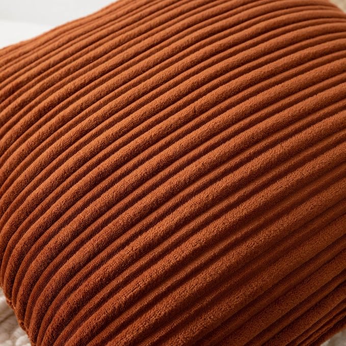UGASA Fall Velvet 12x20 Inch Lumbar Soft Throw Pillow Covers Decorative Corduroy Striped Both Sides Solid Rectangular Cushion Cases Boho Farmhouse for Couch Bedroom Sofa Home, Pack of 2, Burnt Orange