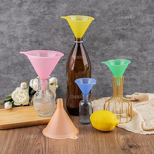 AUEAR, Candy Colors Plastic Funnel Set for Quick and Clean Transferring Kitchen Liquid Spices Powder Cosmetic Lotion Essential Oils Food Grade 5 Different Sizes (5 Pcs)
