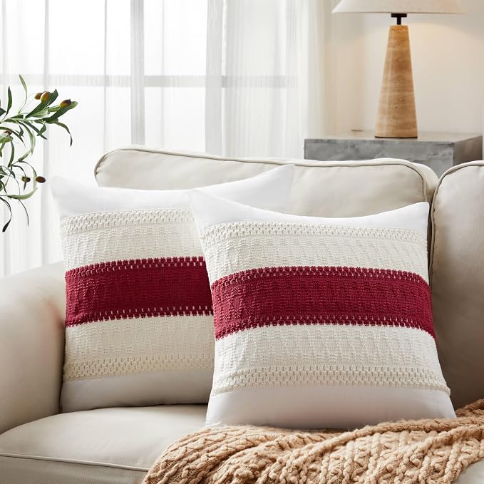 2pk Boho Pillow Covers 20x20, Natural White/Contrast/Red | 100% Organic Cotton Body, Stripe Embroidery, Farmhouse Decorative Cushion Covers for Sofa Bed Living Room Home Decor