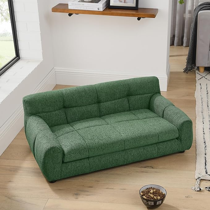 Large Dog Sofa Bed with Backrest & Armrests, Orthopedic Foam Pet Couch for Medium Large Dogs, Modern Linen Dog Bed Furniture with Short Legs & Non-Slip Base (Green)