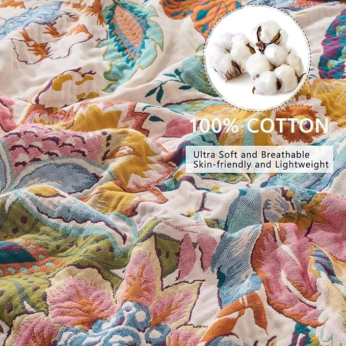 Boho Throw Blanket Farmhouse Decor Throw Blanket Bohemian Blanket for Bed 100% Cotton Muslin Woven Couch Blanket All Seasons Quilt Bedroom (C-Beige, 90"x98")