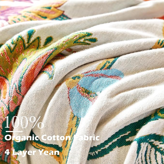 VANJOROY Boho Throw Blanket, 100% Organic Cotton Breathable Skin-Friendly Ultra Soft Bed Quilt Throw - All Season Floral Bird Farmhouse Décor Luxury Blanket for Sofa Couch Chair and Gift. 91" x 98"
