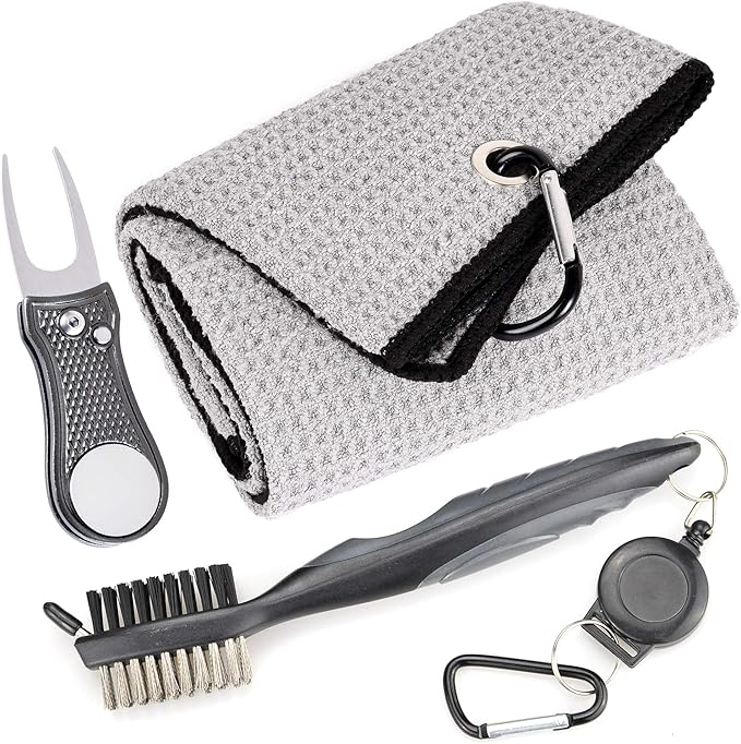 Mile High Life Microfiber Waffle Pattern Golf Towel | Club Groove Cleaner Brush | Foldable Divot Tool with Magnetic Ball Marker (Gray Towel/Brush/Bone Divot)