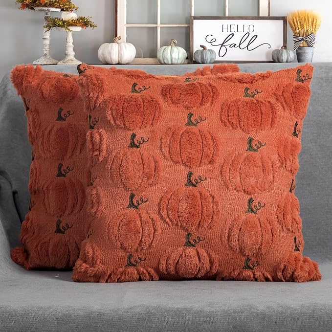 Fall Pumpkin Decorative Pillow Covers 16x16 Set of 2, Dark Rust Red Soft Plush Faux Fur Wool Farmhouse Throw Cushion Cases for Autumn Thanksgiving Holiday Home Decorations