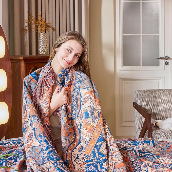 VANJOROY Boho Throw Blanket for Bed Couch 50" x 60", 100% Organic Cotton Skin-Friendly Ultra Soft Quilt Orange Throw - Floral Rustic Room Decor Luxury Reversible Blanket for Sofa Chair and Gift