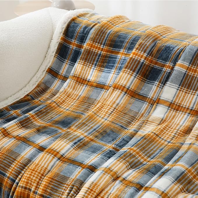 PU MEI Sherpa Blanket Queen Plaid Thick Bed Blanket, 80”*90” Super Soft Flannel Fuzzy Fleece Reversible Velvet Plush Warm Blanket for Couch (Blue Yellow Check)