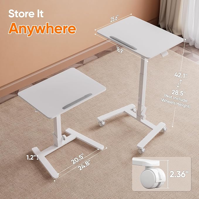 Monomi 25“ Mobile Folding Desk,Pneumatic Sit-Stand Table,No Assembly,White | Height Adjustable Rolling Laptop Desk,Space-Saving Portable Small Desk with Wheels,Ideal for Home Office,Craft & Study