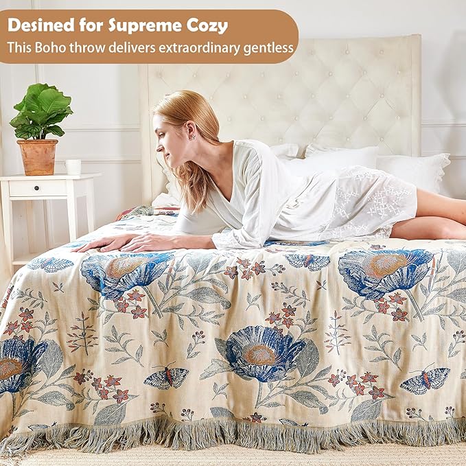 VANJOROY Boho Throw Blanket, 100% Organic Cotton Breathable Ultra Soft Bed Quilt Throw - All Season Floral Bird Butterfly Farmhouse Decor Blanket for Sofa Couch Chair and Gift. 60" x 80"