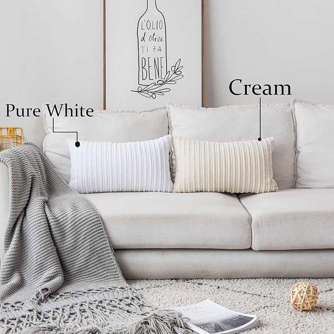 UGASA Corduroy Striped Soft Soild Decorative Square Throw Pillow Covers Set Cushion Cases Pillowcases for Sofa Bedroom, 2 Pcs, 26x26inch, Cream